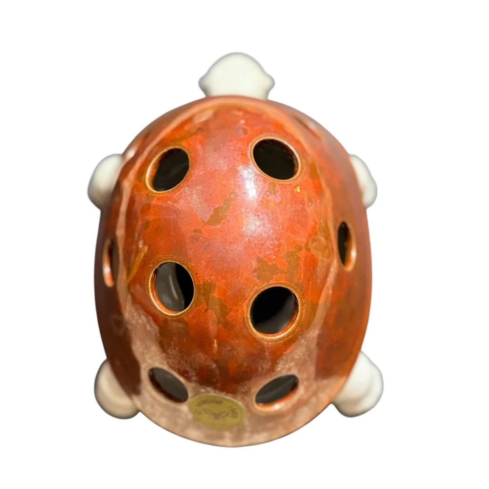 Vintage Vandor 1989 Ceramic Turtle Flower Frog Japan Brown Glazed Shell Decor